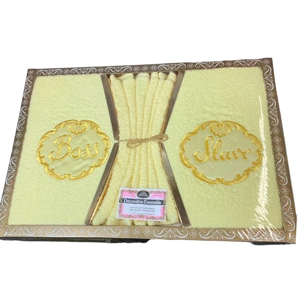 Vintage Terry Treasure Boss Slave Towel Set 4pc Yellow Retro Kitsch‎ Made in USA
